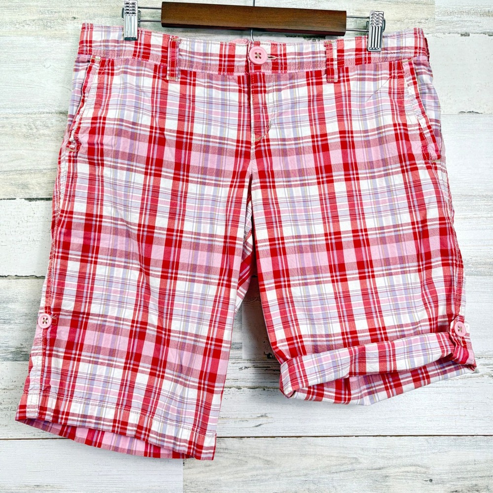 American Eagle Y2K Plaid Bermuda Shorts Red Pink White Roll‎ Up Cotton Women 10